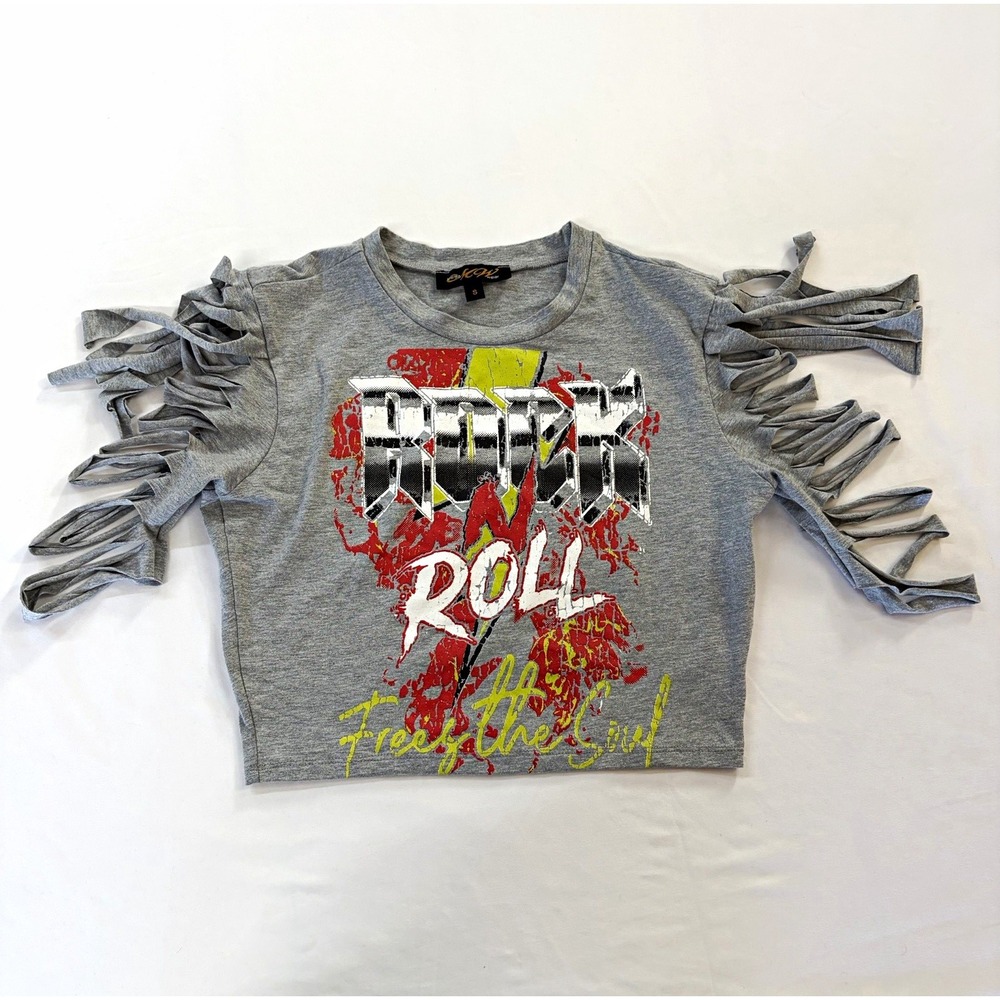 MW Wear Womens S Gray Rock N Roll Graphic Fringe Cut-Out Sleeve Crew T-Shirt